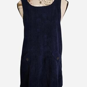 Mood Cloth Navy corduroy jumper dress with front pockets.
